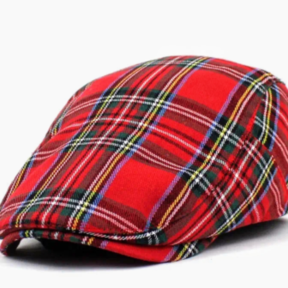 Classic British Red Plaid Newsboy Cap Men's Hat with Peaked Design
